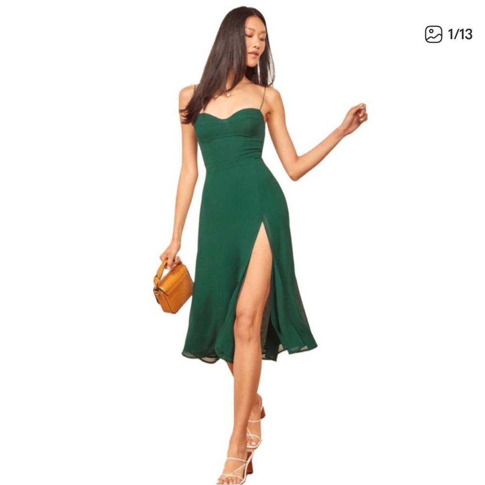 Reformation Juliette - Emerald Midi Dress with Spaghetti Straps & Side Slit- New